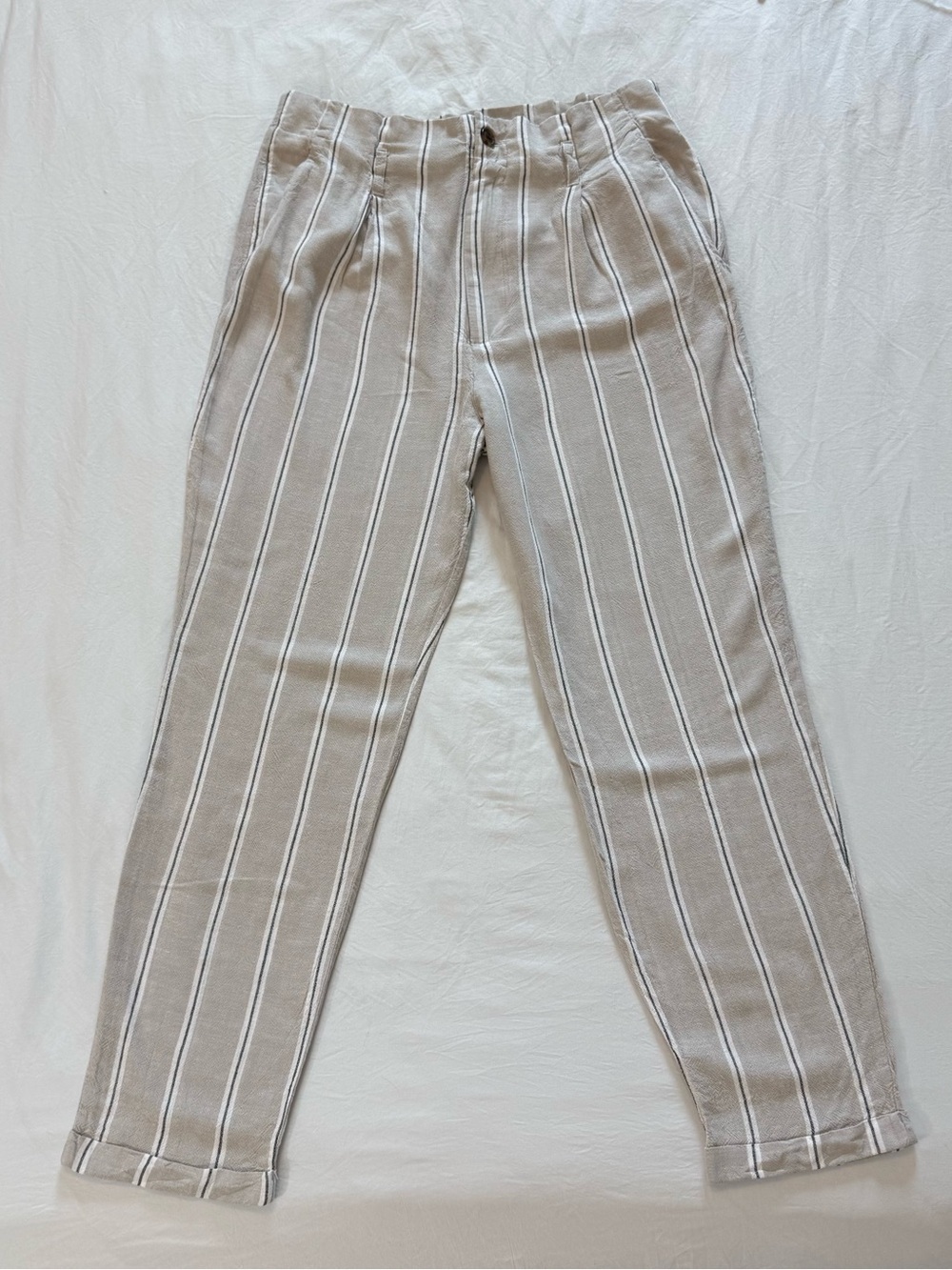 H&M L.O.G.G. Striped Linen Blend Trousers - Beige/Natural Size 10